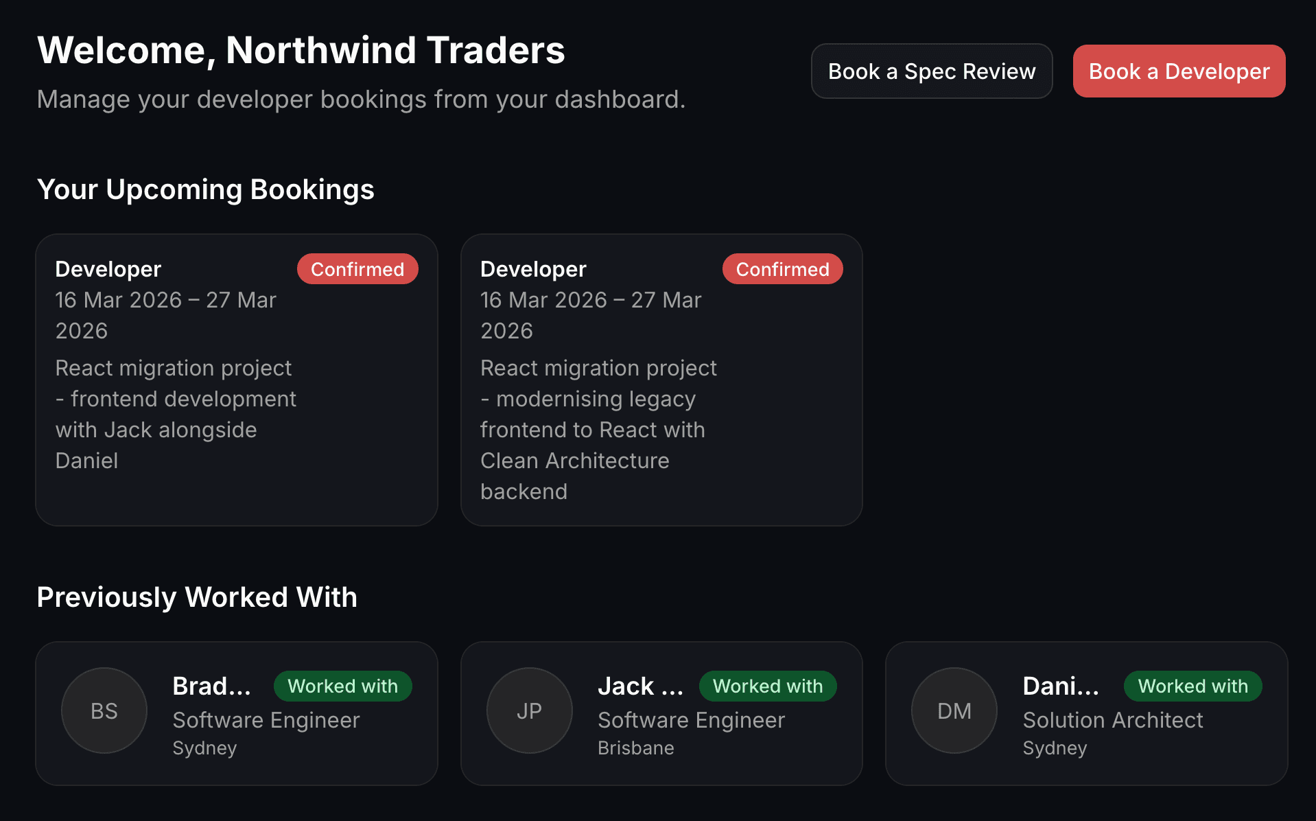Dev Dash dashboard in dark mode showing upcoming bookings and previously worked with developers