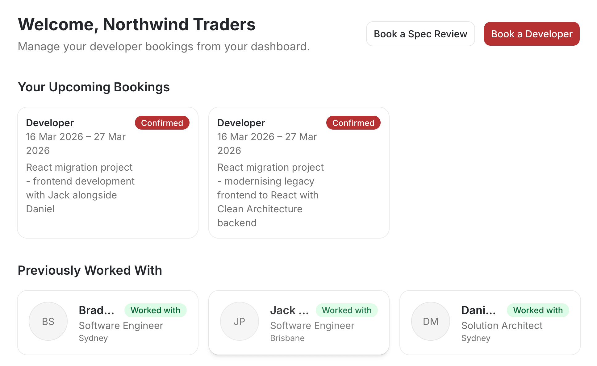 Dev Dash dashboard in light mode showing upcoming bookings and previously worked with developers