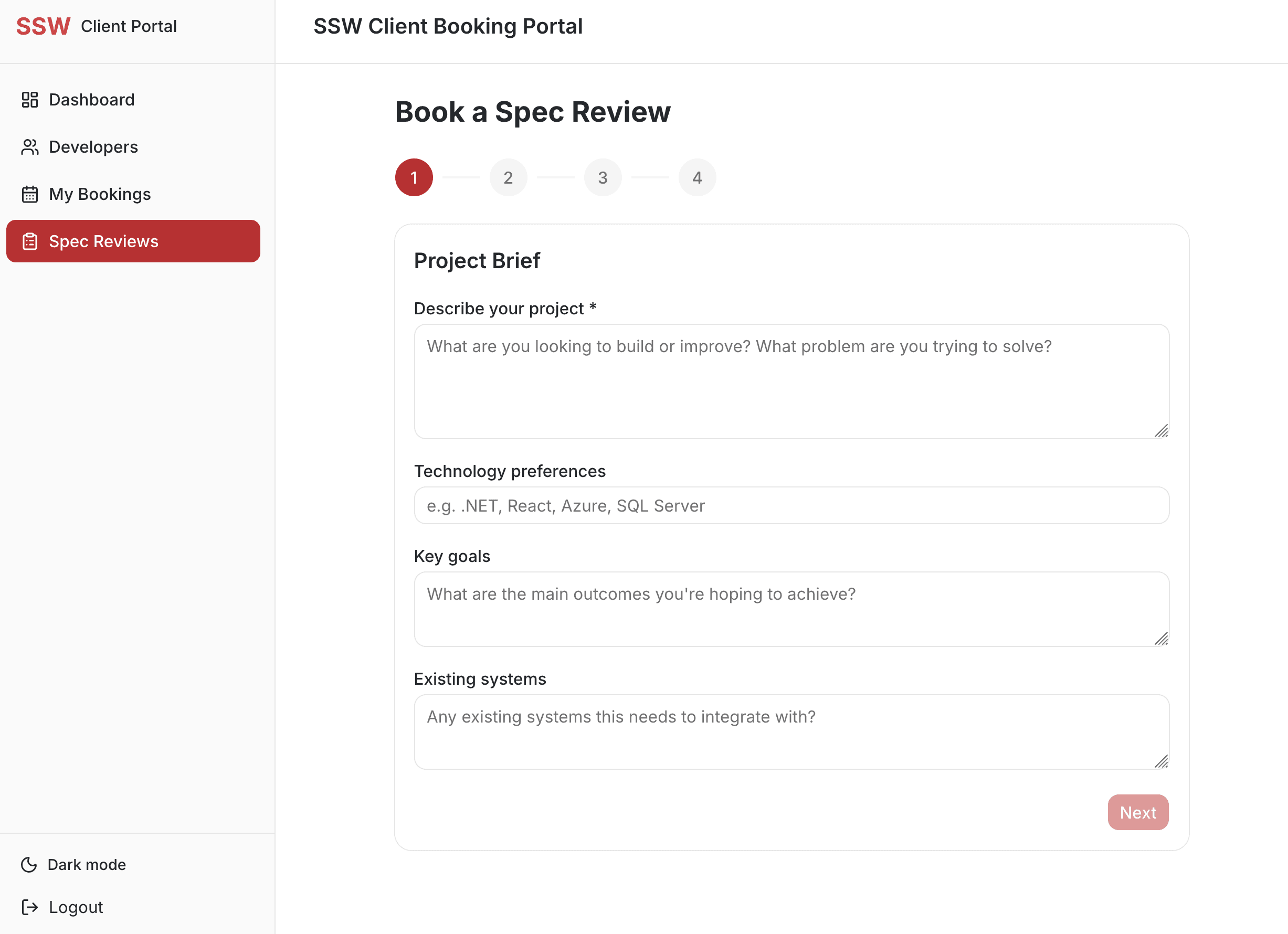 Book a Spec Review multi-step form with project brief fields